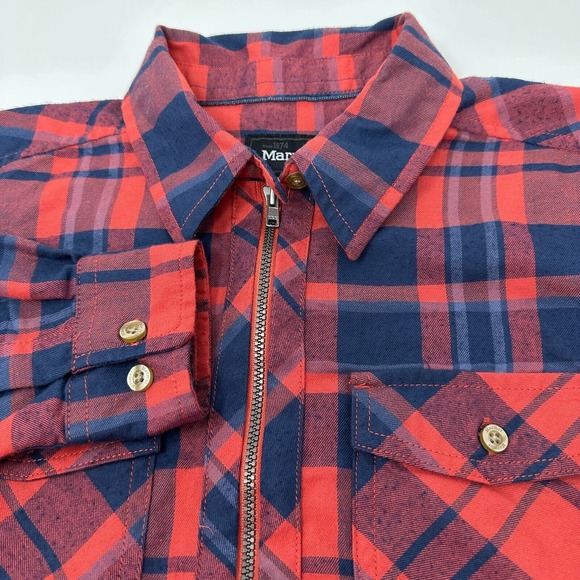 Marmot Top Women Medium Red Blue Tartan‎ Lightweight Flannel Pockets Long Sleeve - Picture 1 of 8